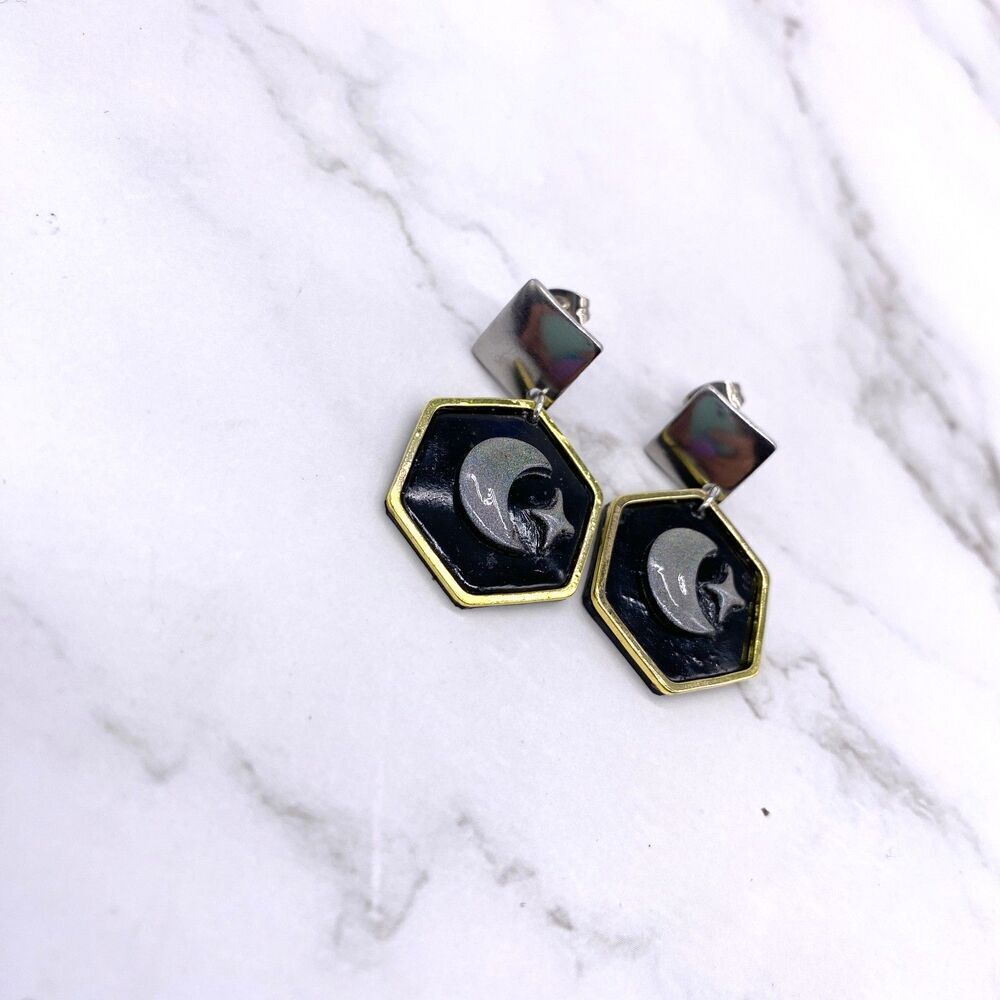 Black Holographic Celestial Crescent Moon Dangle Stud Earrings - Picture 5 of 15